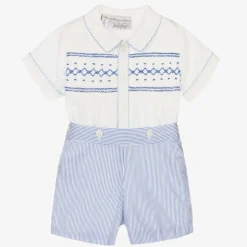 Rachel Riley Baby Boys Blue Cotton Smocked Buster Suit Online
