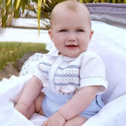 Rachel Riley Baby Boys Blue Cotton Smocked Buster Suit Online