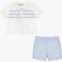 Rachel Riley Baby Boys Blue Cotton Smocked Buster Suit Online