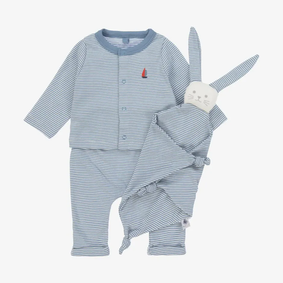 Petit Bateau Baby Boys Blue Stripe Organic Cotton Trouser Set Outlet