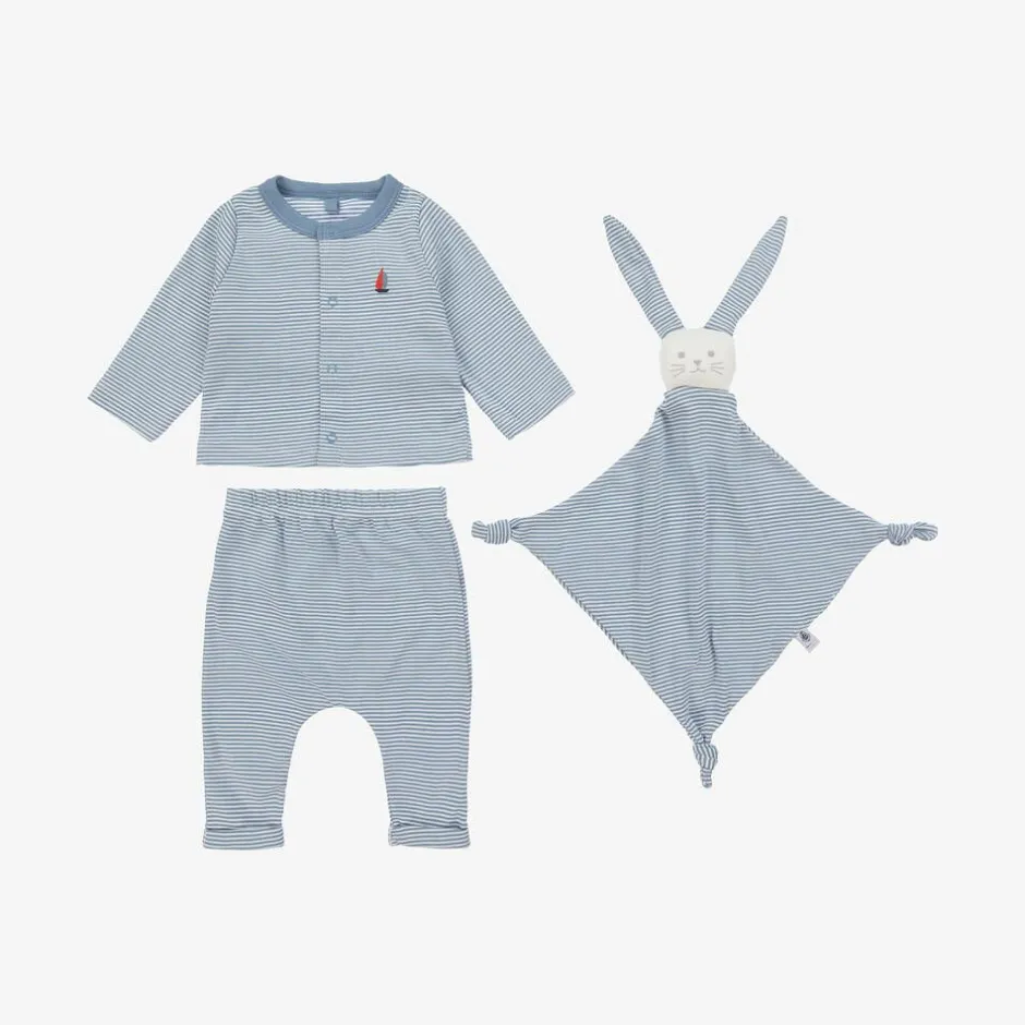 Petit Bateau Baby Boys Blue Stripe Organic Cotton Trouser Set Outlet