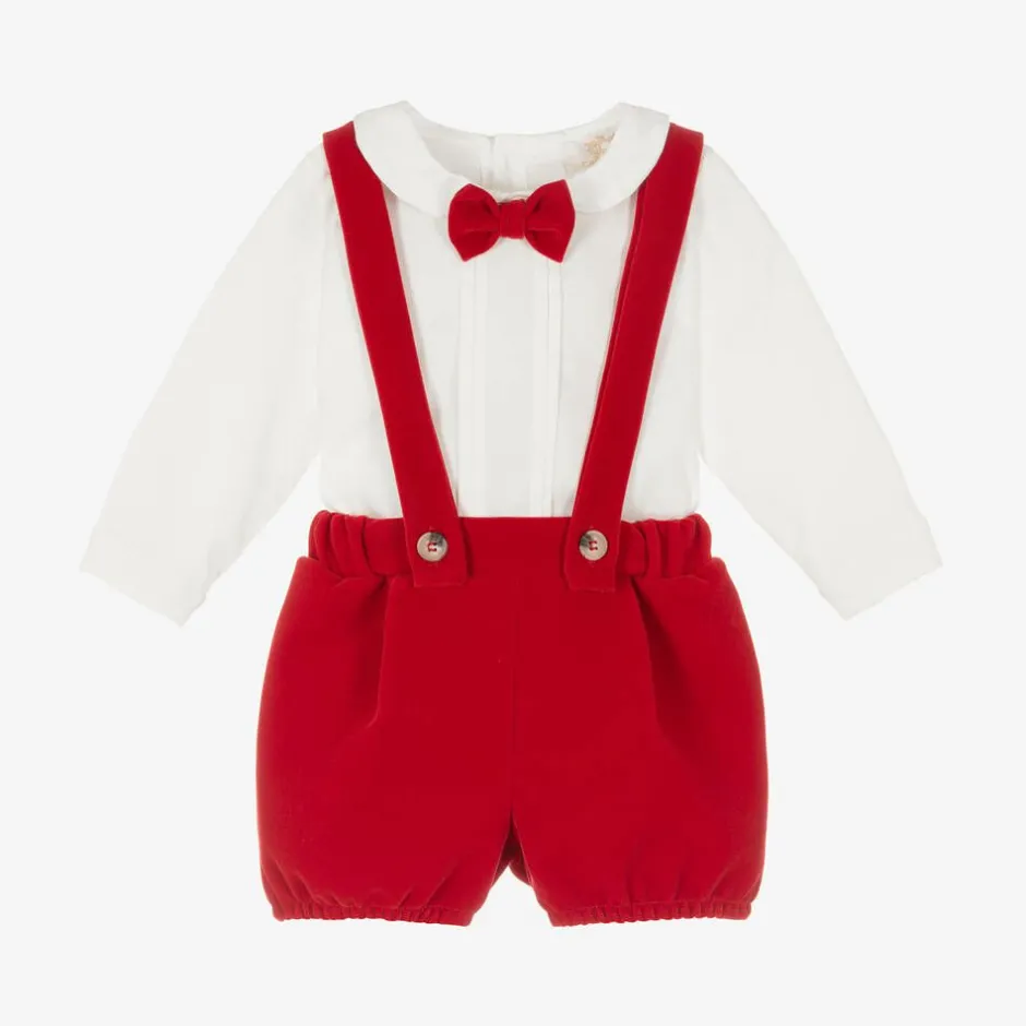 Caramelo Kids Baby Boys Ivory & Red Velvet Shorts Set Discount