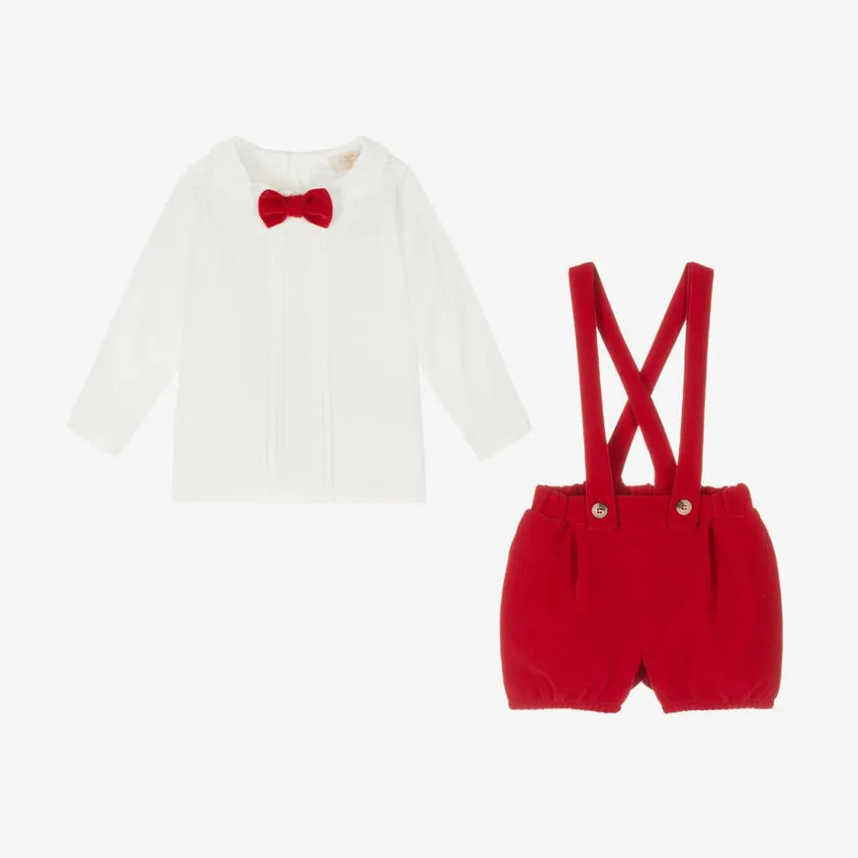 Caramelo Kids Baby Boys Ivory & Red Velvet Shorts Set Discount