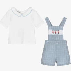 Beau KiD Baby Boys White & Blue Dungaree Shorts Set Sale