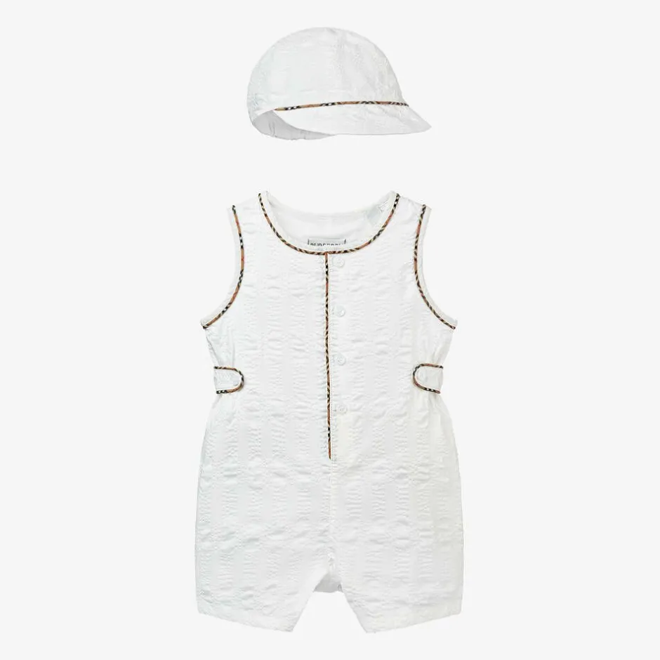 Burberry Baby Boys White Cotton Babysuit Set Outlet
