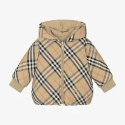 Burberry Baby Girls Beige Check Reversible Down Jacket Discount