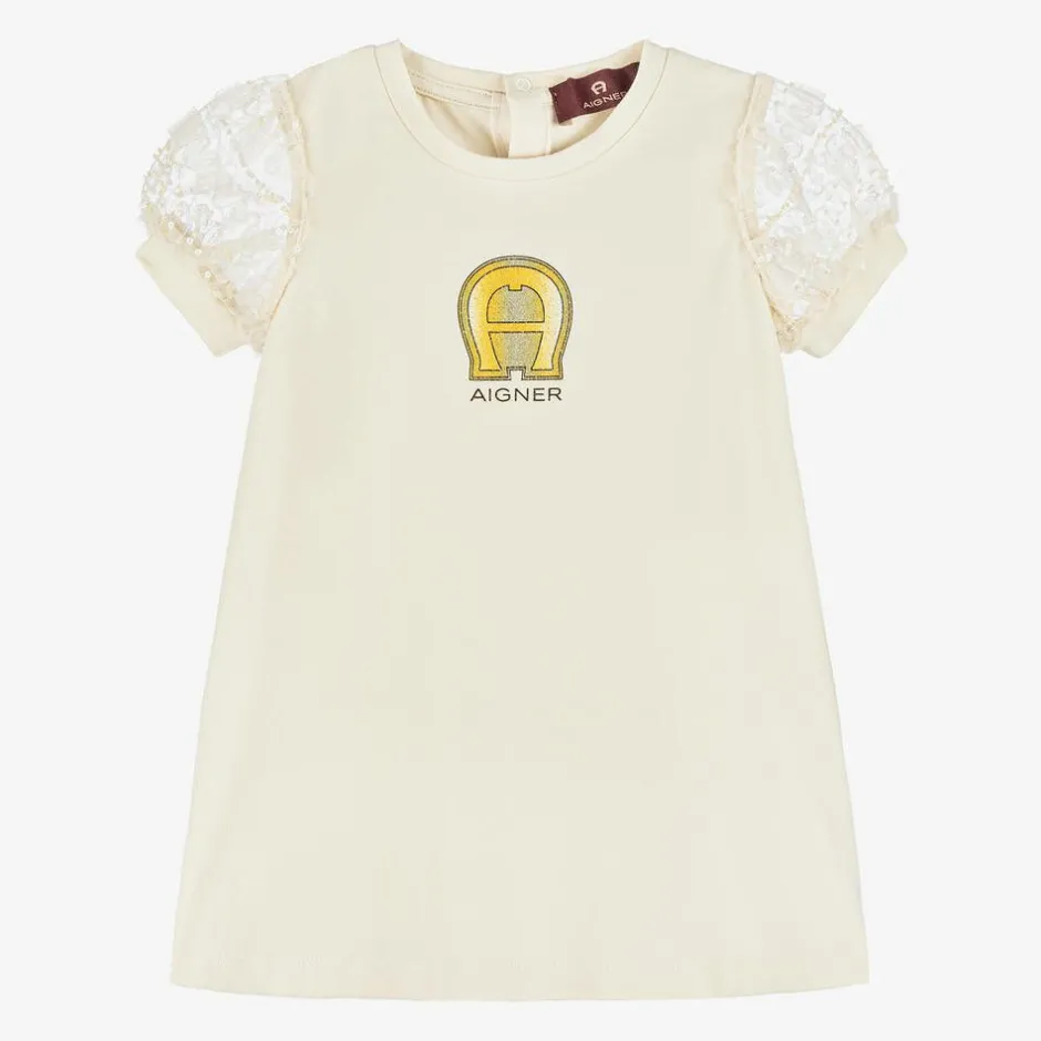 AIGNER Baby Girls Beige Cotton Puff Sleeve Dress Discount