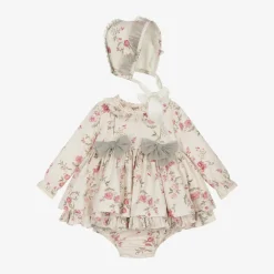 Abuela Tata Baby Girls Beige Floral Print Cotton Dress Set Hot