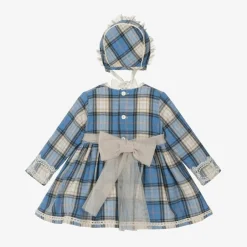 Abuela Tata Baby Girls Blue Check Cotton Dress Set Hot