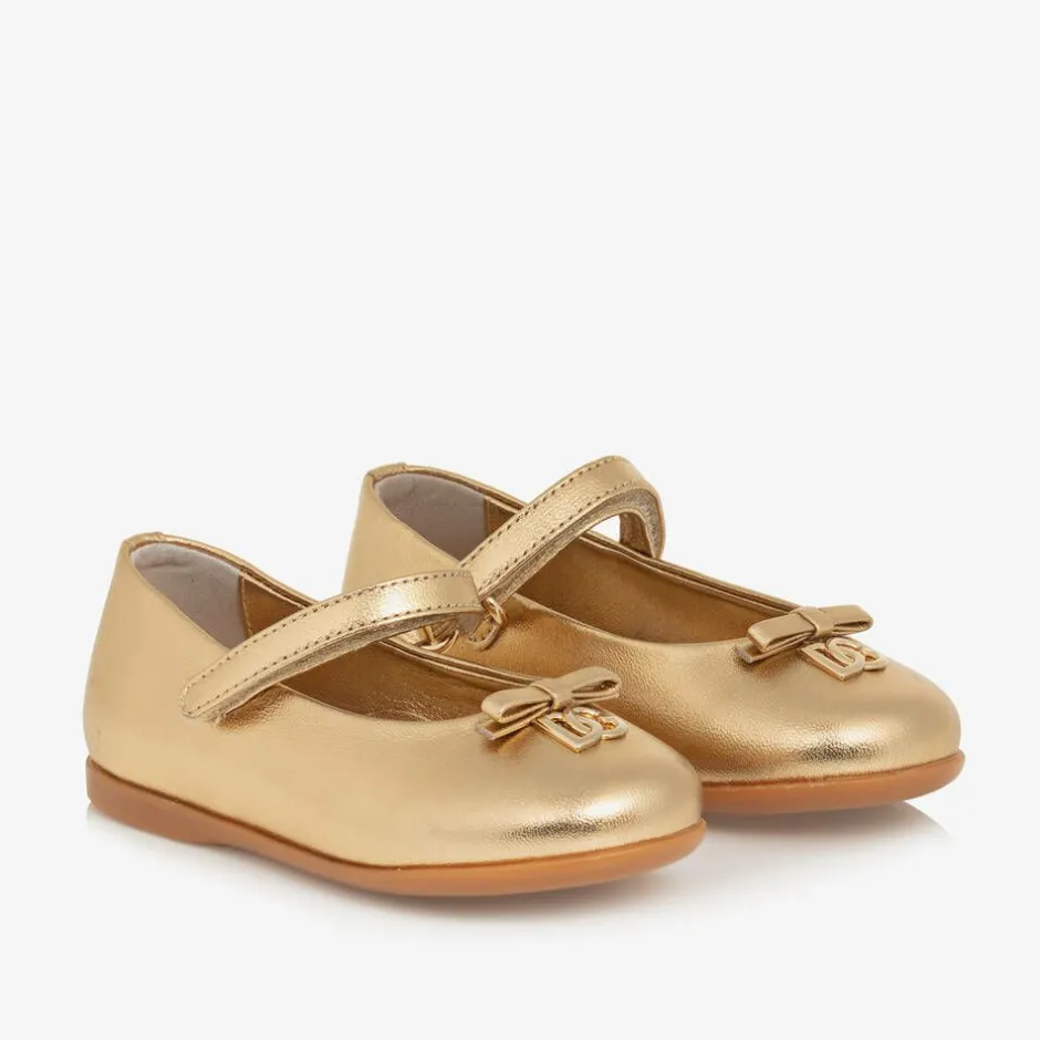Dolce amp; Gabbana Baby Girls Gold Leather DG Ballerina Pumps Discount