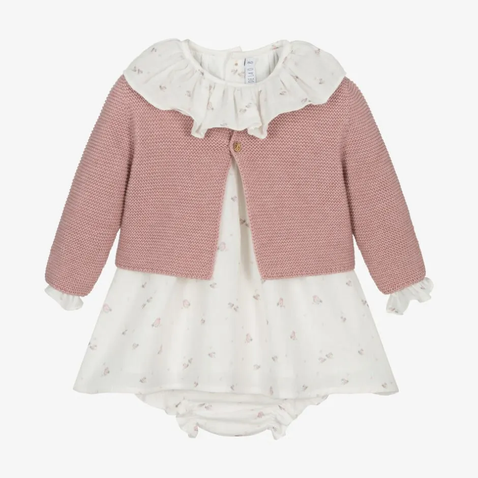 Paloma de la O Baby Girls Pink & Ivory Bird Print Cotton Dress Set New