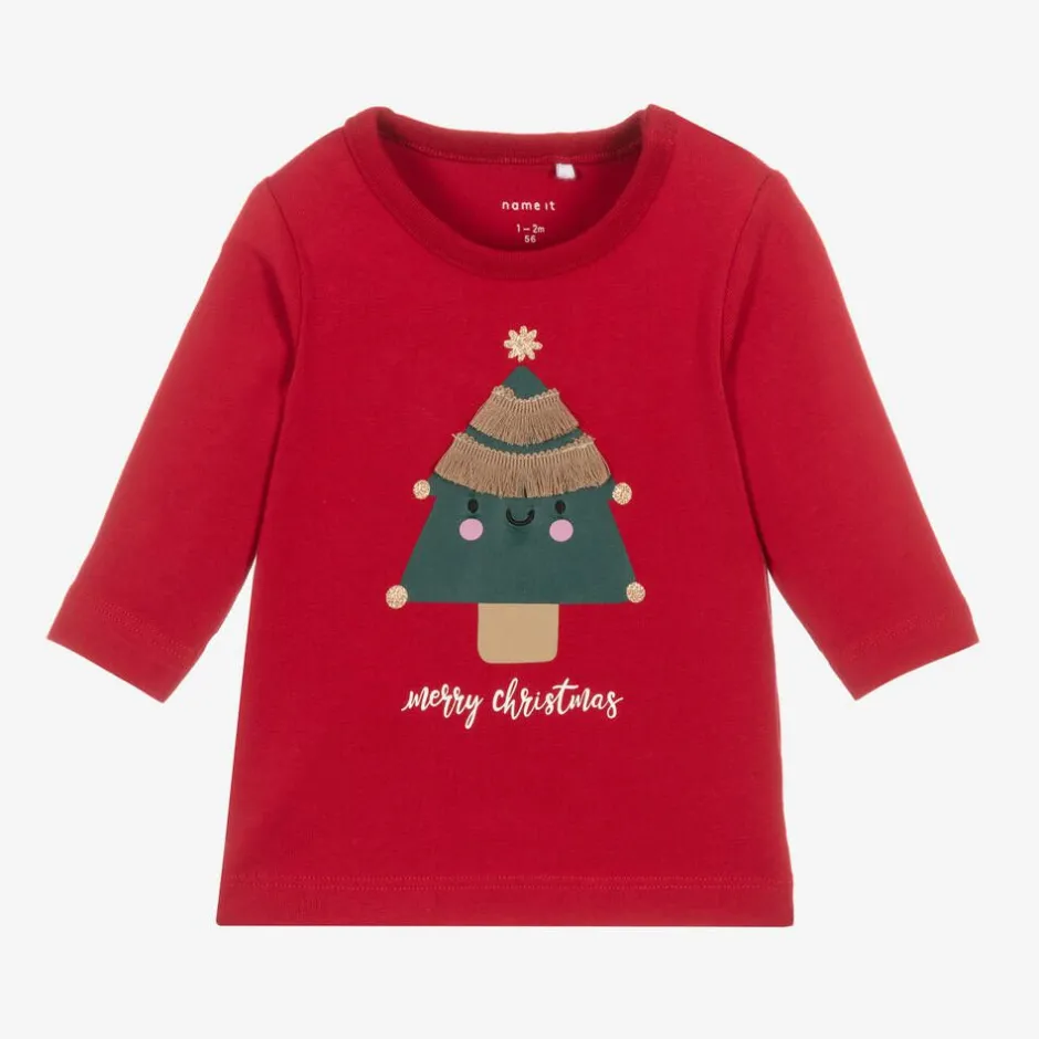 NAME IT Baby Girls Red Cotton Christmas Tree Top Clearance