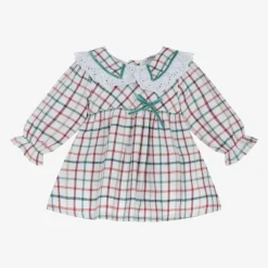 Babidu Baby Girls White Cotton Checked Dress Clearance