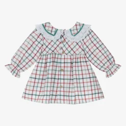 Babidu Baby Girls White Cotton Checked Dress Clearance
