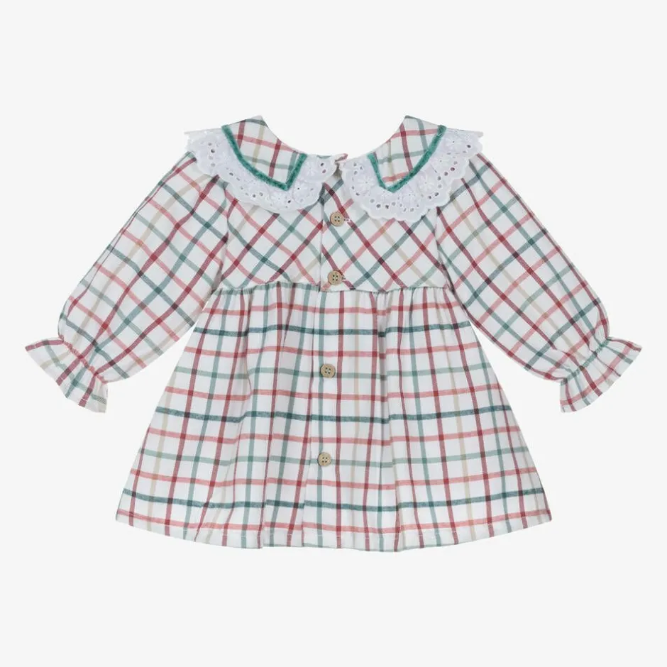 Babidu Baby Girls White Cotton Checked Dress Clearance