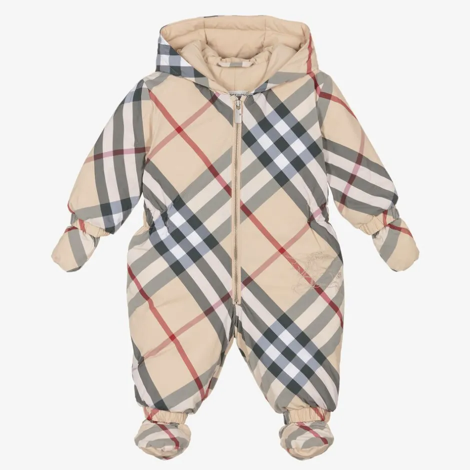 Burberry Beige Check Down Padded Baby Snowsuit PaleStoneIPCheck Online