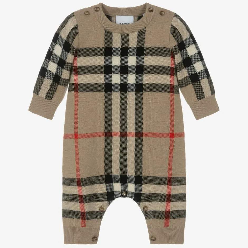 Burberry Beige Check Wool & Cashmere Baby Romper Discount