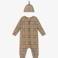 Burberry Beige Cotton Babygrow Gift Set Hot