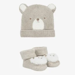 Mayoral Newborn Beige Cotton Bear Baby Hat Set Outlet