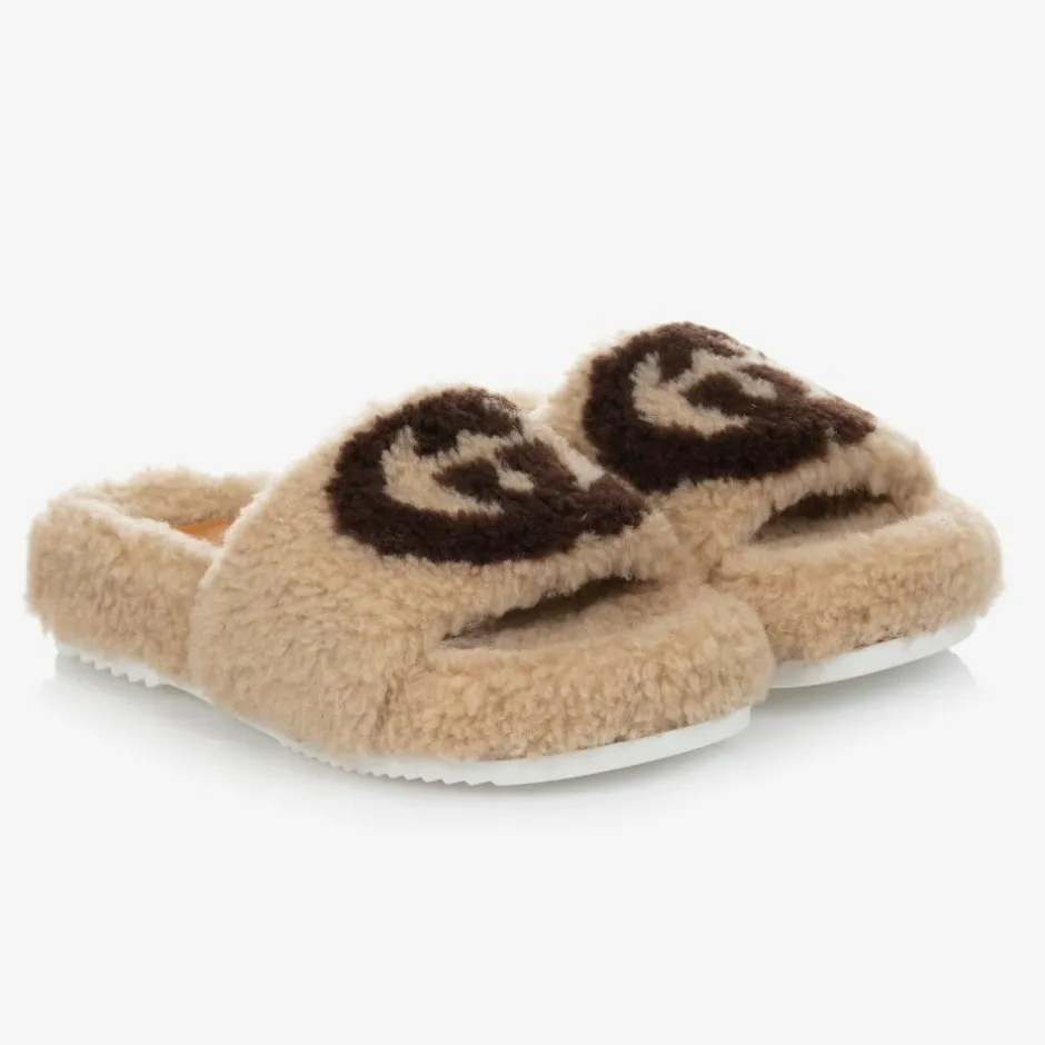Gucci Beige Faux Fur Logo Sliders New