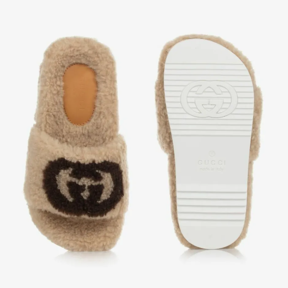 Gucci Beige Faux Fur Logo Sliders New