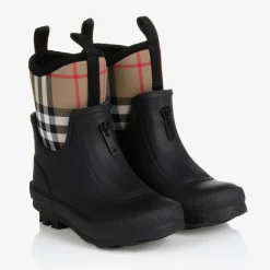 Burberry Black & Beige Check Rain Boots Discount