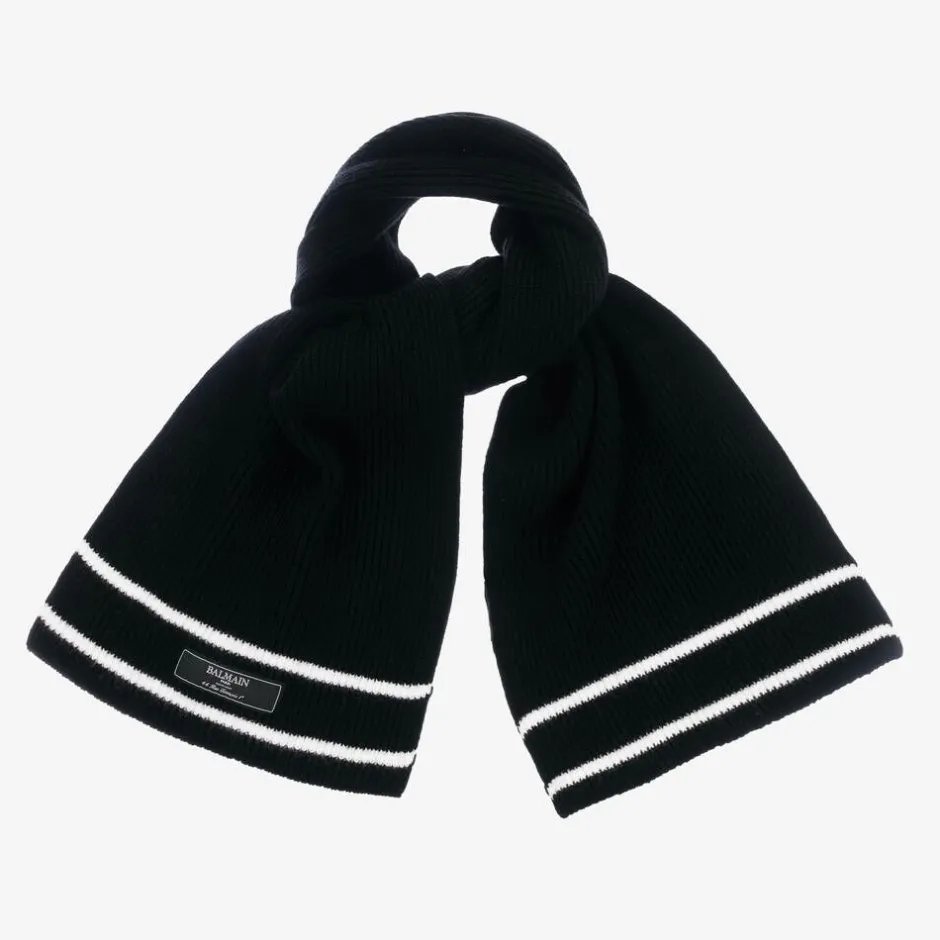 Balmain Black Ribbed Wool Scarf Discount