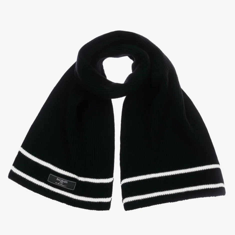 Balmain Black Ribbed Wool Scarf Discount
