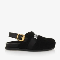 Moschino Black Sherpa Fleece & Leather Mules Hot