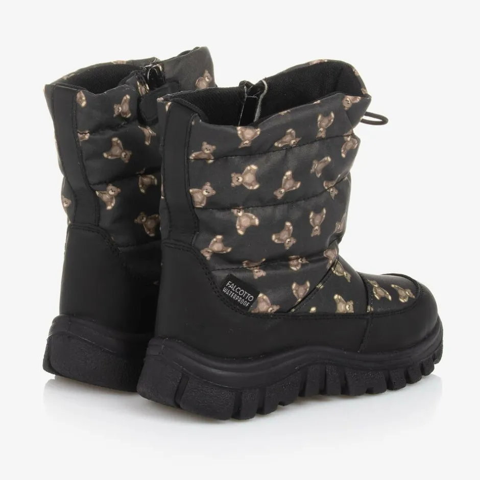 Falcotto by Naturino Black Teddy Bear Print Snow Boots New
