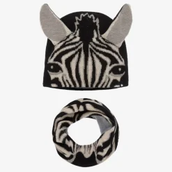 Molo Black Wool Knit Zebra Hat & Snood Set