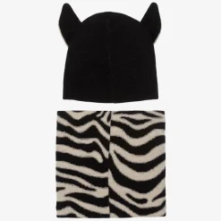 Molo Black Wool Knit Zebra Hat & Snood Set