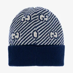 Gucci Blue & Ivory GG Wool Baby Hat Discount