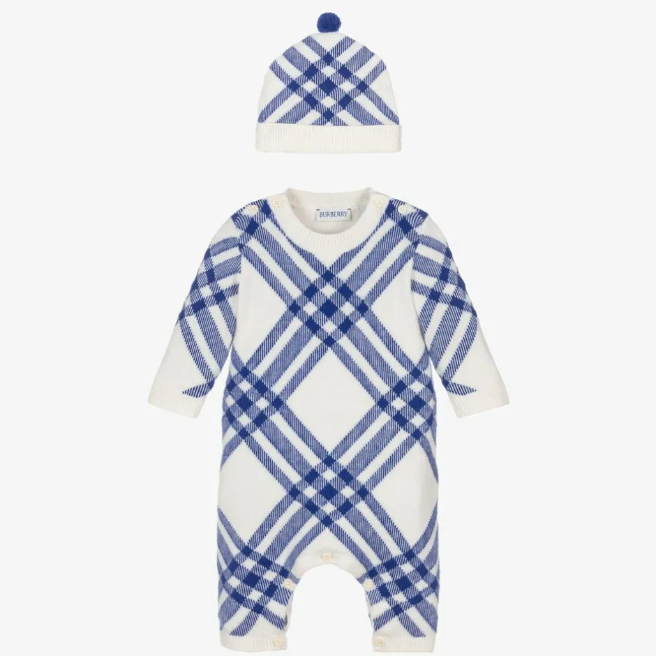 Burberry Blue Check Wool & Cashmere Babysuit Set Clearance