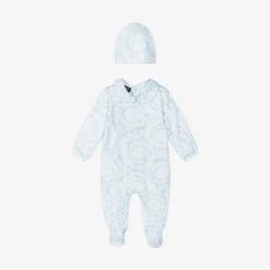 Versace Blue Cotton Babysuit & Hat Set Online