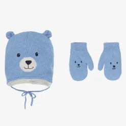 Mayoral Blue Cotton Bear Hat & Mittens Set Clearance