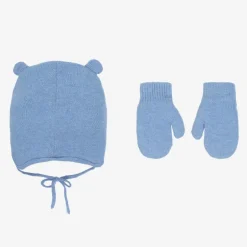 Mayoral Blue Cotton Bear Hat & Mittens Set Clearance