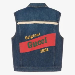 Gucci Blue Embroidered Logo Denim Gilet New