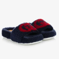 Gucci Blue Faux Fur Logo Sliders Outlet