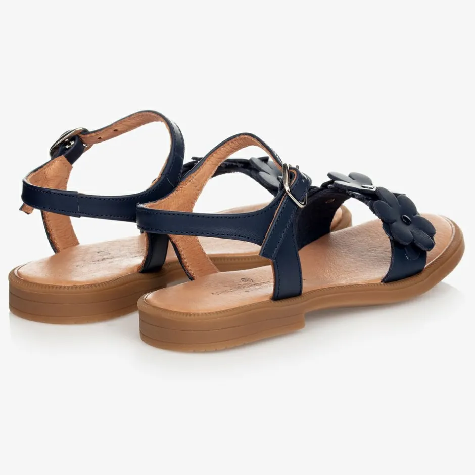 Childrens Classics Blue Leather Flower Sandals