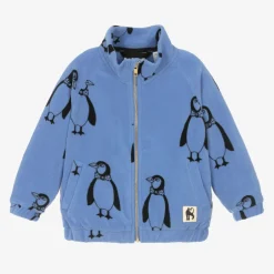 Mini Rodini Blue Penguin Print Zip-Up Fleece Top Outlet