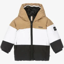 BOSS Boys Beige & Black Stripe Hooded Coat Clearance