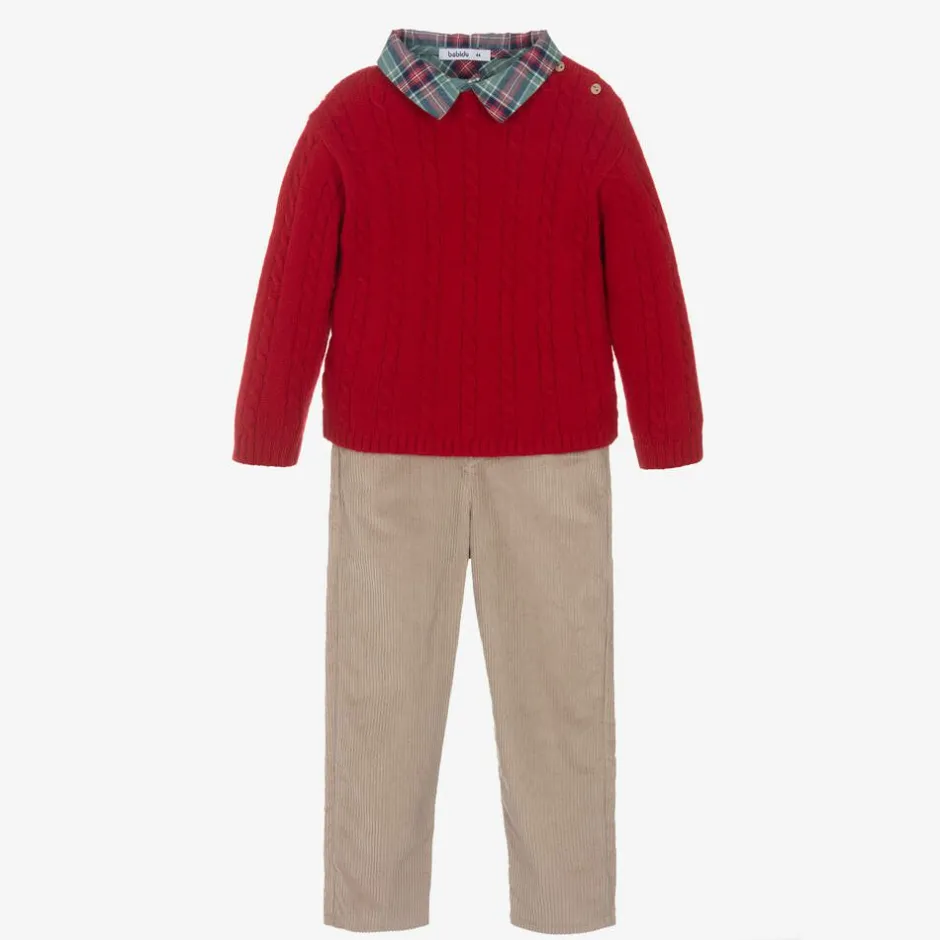 Babidu Boys Beige & Red Cotton Trouser Set Hot