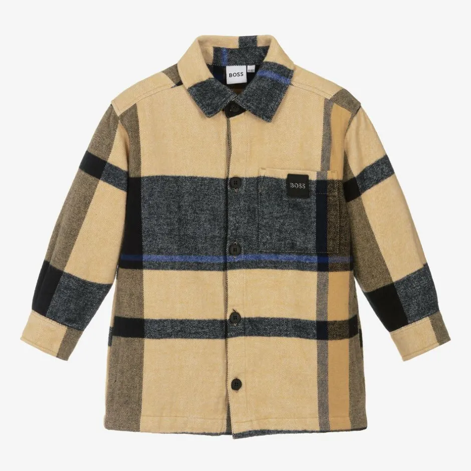 BOSS Boys Beige Check Cotton Overshirt