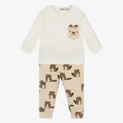 Everything Must Change Boys Beige Cotton Beaver Print Trouser Set Discount