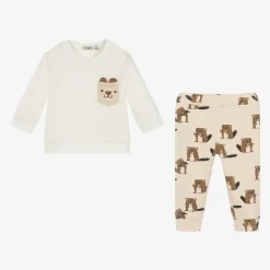 Everything Must Change Boys Beige Cotton Beaver Print Trouser Set Discount