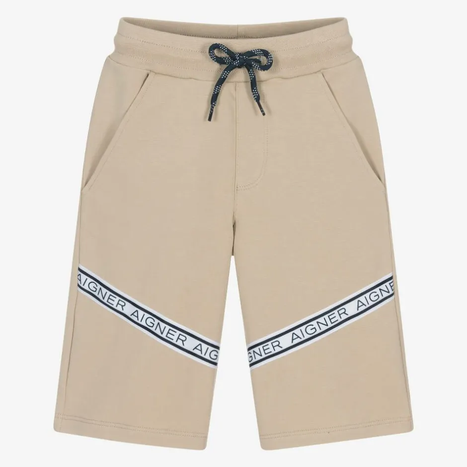 AIGNER Boys Beige Cotton Logo Tape Shorts Clearance