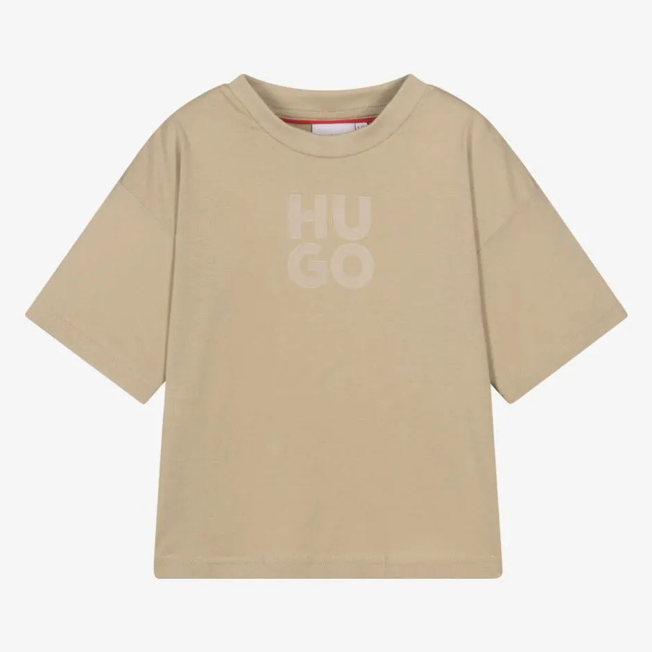 HUGO Boys Beige Organic Cotton Stacked Logo T-Shirt Discount