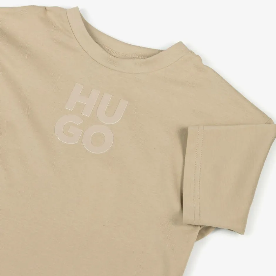 HUGO Boys Beige Organic Cotton Stacked Logo T-Shirt Discount