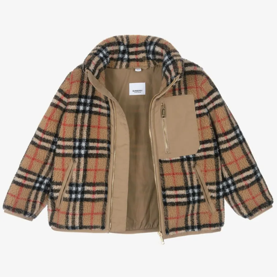 Burberry Boys Beige Vintage Check Fleece Jacket Outlet